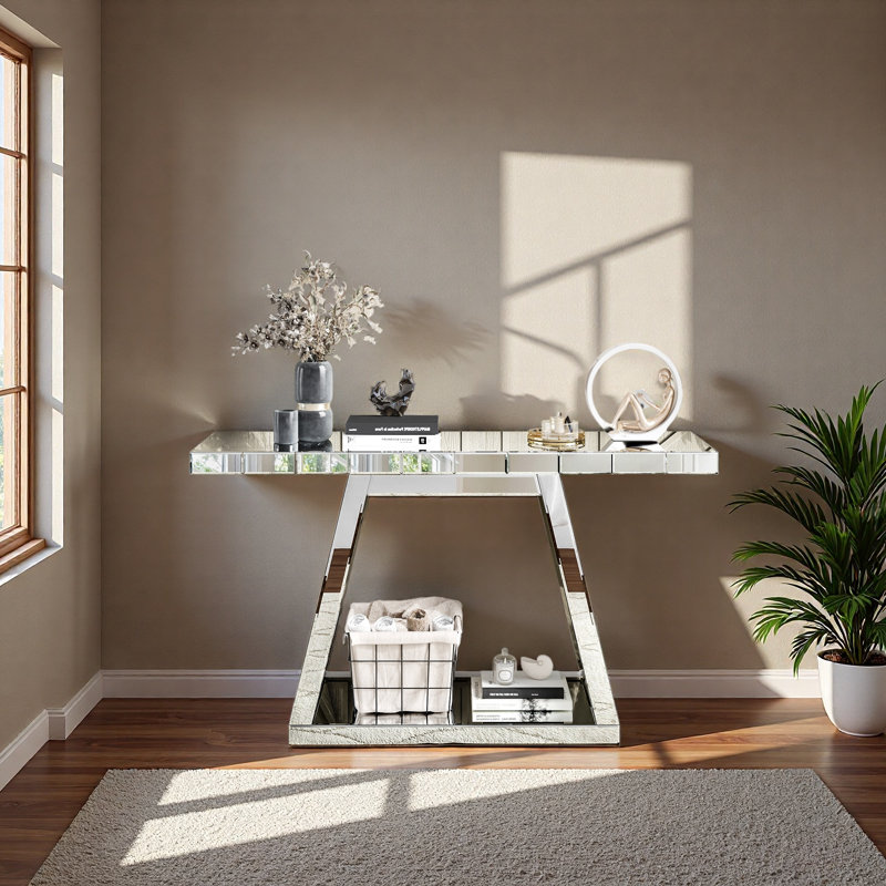 55.9" Modern Luxe Full-Body Mirror Entryway Table With Trapezoid Base – 360° Reflective Console Table, Sturdy Wooden Frame, Scratch-Resistant Design & Open Storage For Hallway, Living Room, Staircase