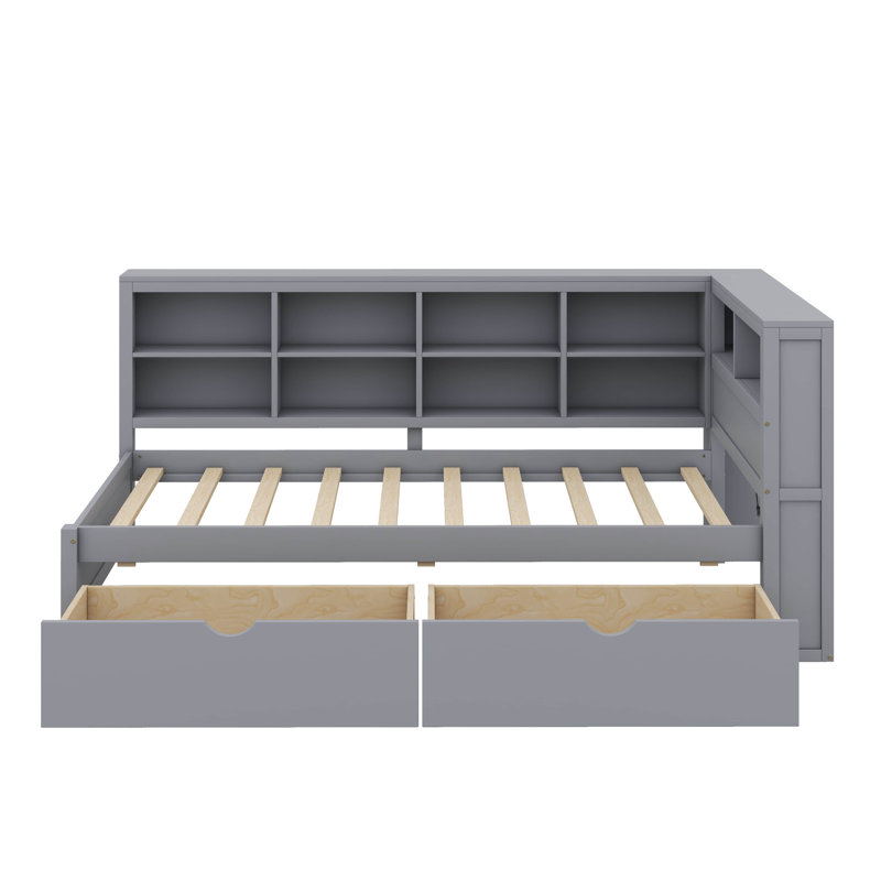 Lit de jour simple en bois avec 2 tiroirs, une tablette de rangement et des ports de chargement USB, Gris