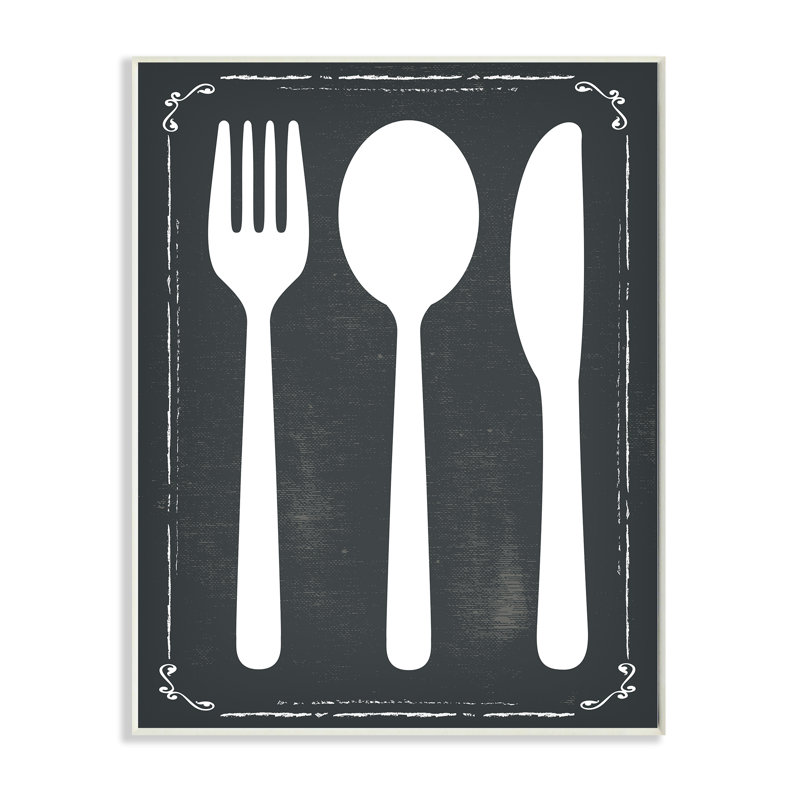 «Black and White Utensils Silhouette», impression, H 19 po x l 13 po, Plaque de bois