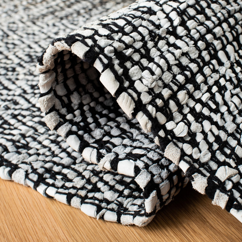 Phillis Vintage Leather Hand Woven Leather/Cotton Geometric Rug in Light Gray/Gray, Rectangle 5' x 8'