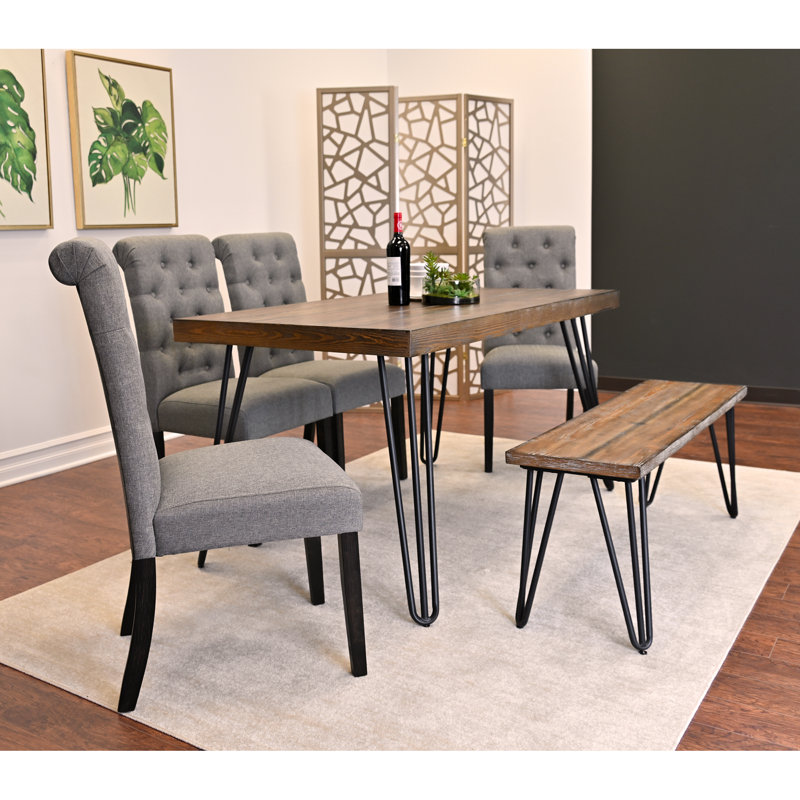 Ensemble de salle à manger 6 pièces, table à manger en épingle à cheveux avec 4 chaises et banc, 4 options de couleur, Gris