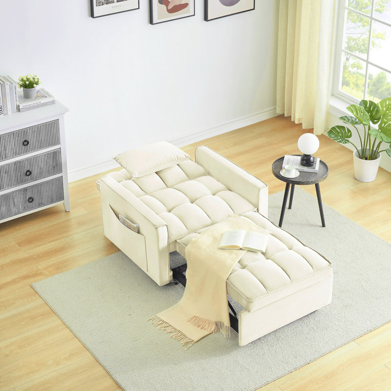 Sofa Bed Chair 3 In 1 Convertible, Recliner, Single Recliner, Suitable For Small Spaces With Adjustable Back, Creamy White