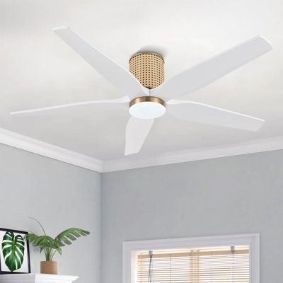 54'' 5 Blades Flush Mount Ceiling Fan With Light Solid Wood Blades Remote Quiet Reversible DC Motor White Blades
