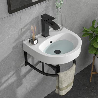 Lavabo de salle de bain mural encastré en céramique 16 po x l 14 po avec robinet de lavabo et base de support