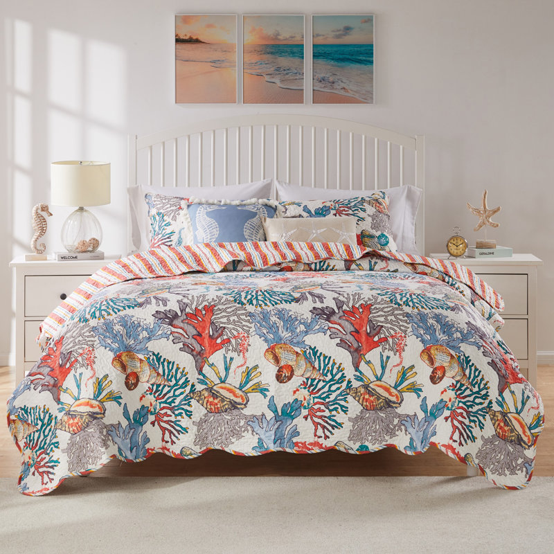 King Size Reversible Nautical Microfiber Quilt Set in Brown and Jade