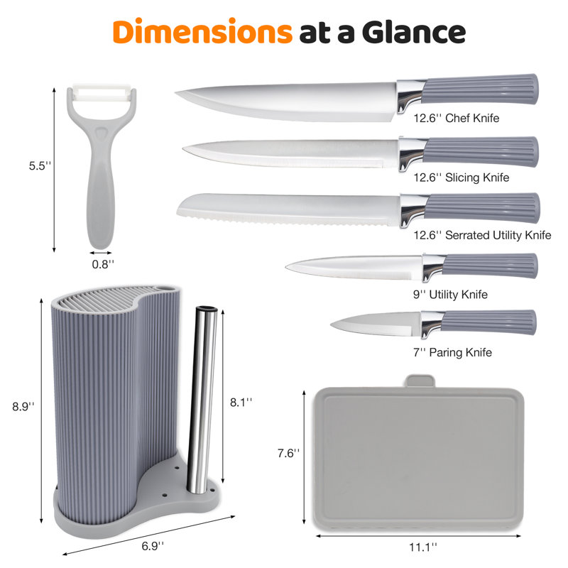 Ensemble de 8 couteaux HEESEM en acier inoxydable avec porte-essuie-tout, bloc de découpe en plastique, planche à découper et éplucheur, gris