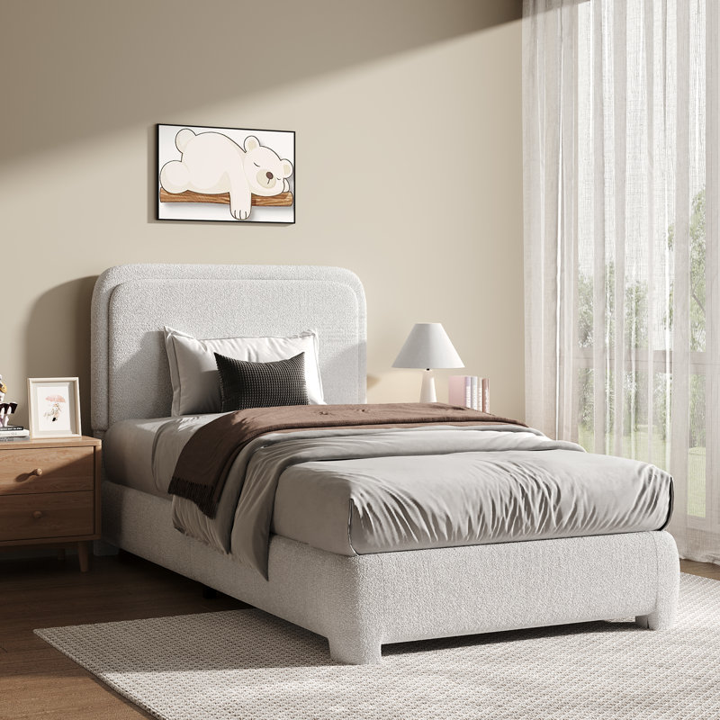 Lit plateforme tapissier Bensu Boucle, Lit simple, Blanc