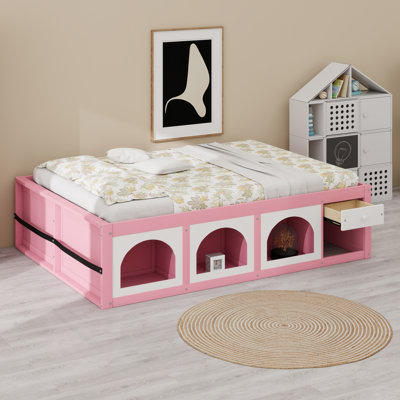 Wood Platform Bed Featuring Bookshelf, LED Lighting and Storage Drawer