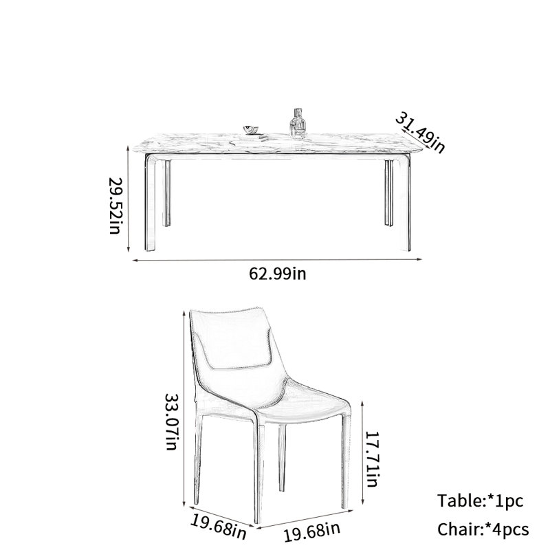 Ensemble de salle à manger rectangulaire en marbre Minimalisme, H 29,52 po x L 62,99 po x l 31,49 po