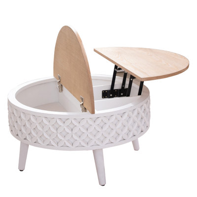 Table basse ronde avec rangement - table d'appoint relevable de 31,5 po, mobilier de salon style campagne moderne Boho, base sculptée blanche avec plateau en bois naturel