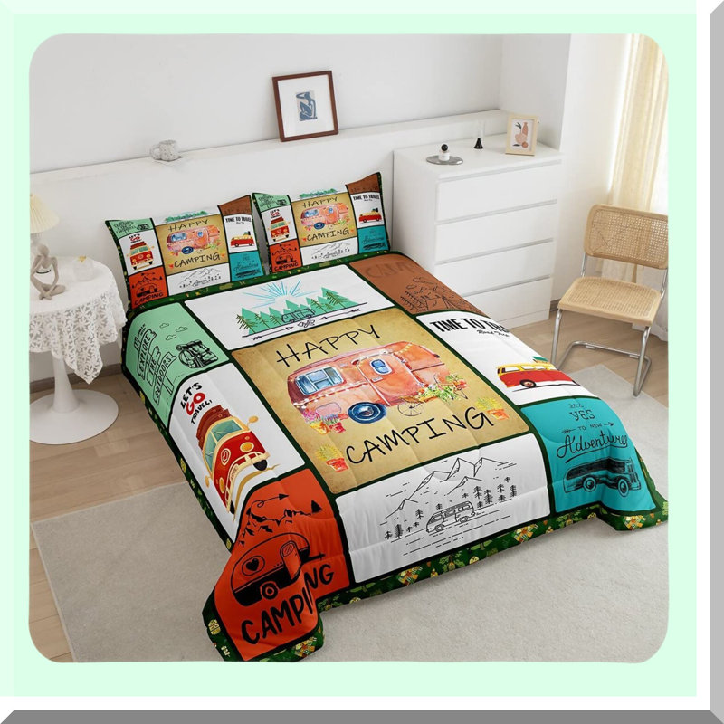 Happy Camper Geometric Grid Bedding Set - Full Size Rustic Farmhouse Comforter & Quilt Bedding for Travel Bunk RV Bed Decor. Includes 2 Colourful Pillowcases.