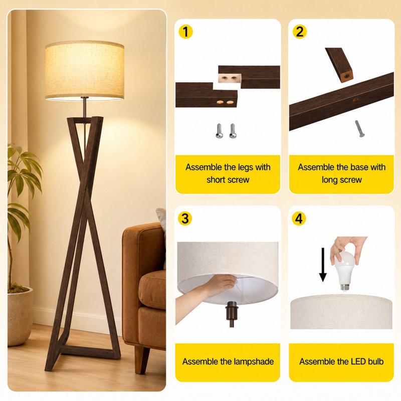 60.24" Solid Wood Floor Lamp Custom Shape Lights With Foot Switch And Remote Control, Dark Brown