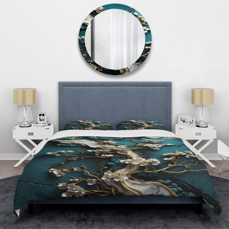 Gold And Emerald Ancient Bonsai  III - Tree Marble Duvet Cover Set, King Duvet Cover + 2 King Shams, Gold/Emerald