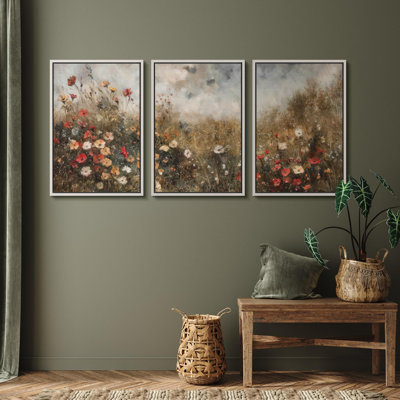 Wildflowers " Autumnal Flora Abstract Flower Field Contemporary Illustration Rustic Decor Multicolor Chic " 3 - Pieces