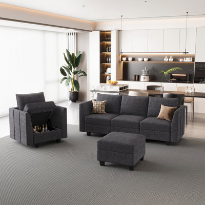 Aurora 3-Pieces Chenille Modular Sectional Couch Storage Seat Sofa Set With Removable Cushion Cover For Apartment Livingroom Lounge, Single Armchair & 3-Seat Sofa & A Storage Ottoman