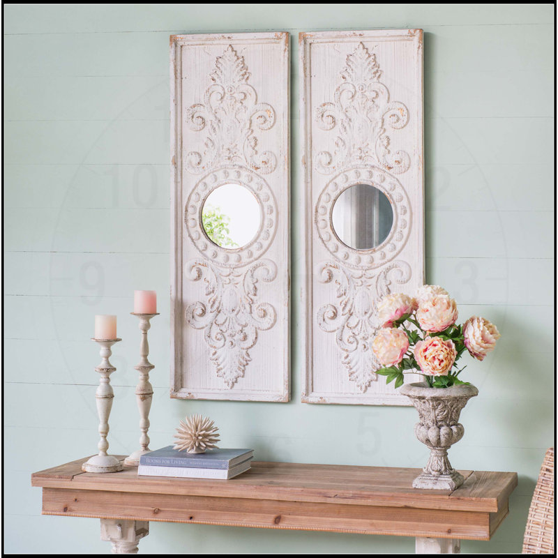 Ensemble de 2 grands panneaux d'art mural en bois avec finition blanche patinée et décorations de miroir rond, 17 po x 48 po
