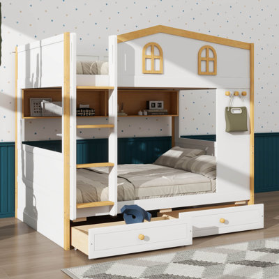 Playhouse-Inspired Bunk Bed With Storage Drawers, Wooden Bunk Bed Equipped With Storage Shelves, Bunk Beds With Ladder For Playhouse