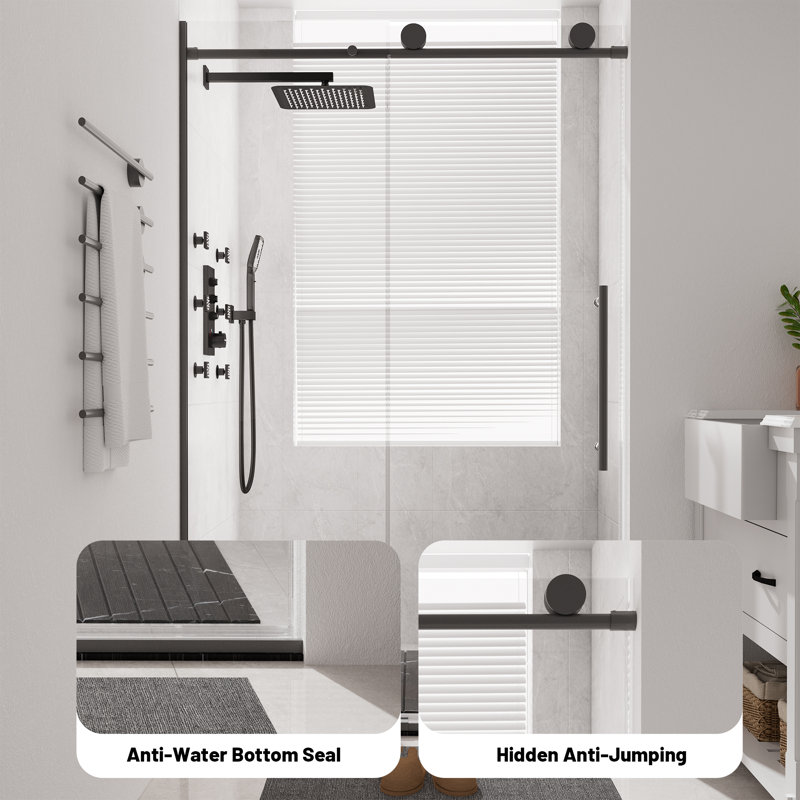 Matte Black Frameless Sliding Shower Door with Clear Tempered Glass