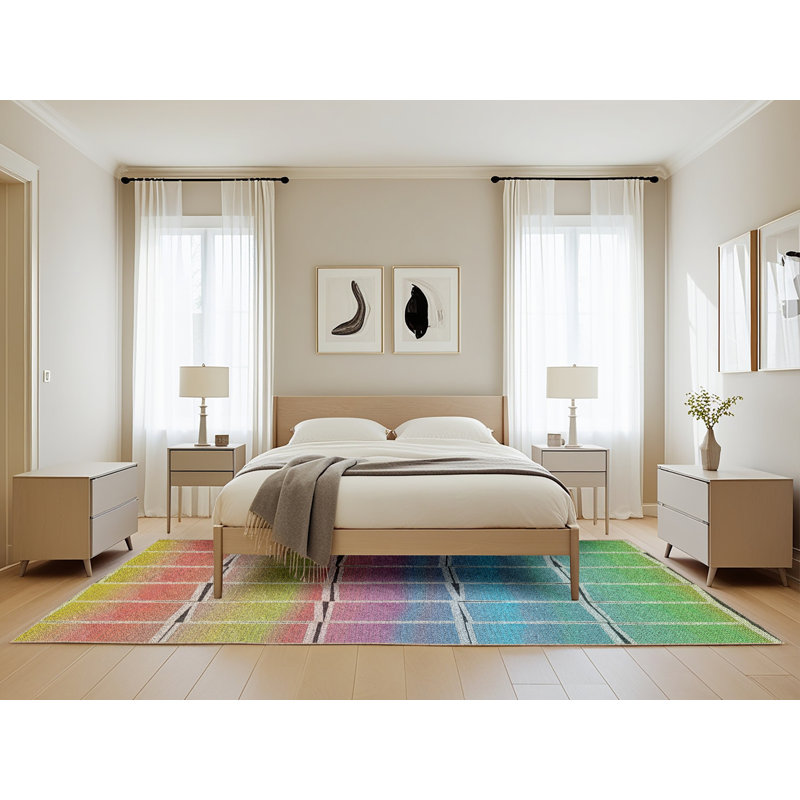 Tapis orange/bleu/zone jaune à motifs, Rectangle 5 pi x 8 pi