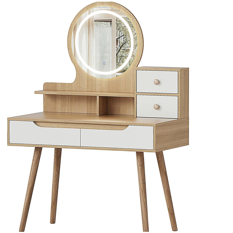 Makeup Vanity Desk with 3 Adjustable Lighted Mirror with solid wood table feet , Dressing Table Set with 4 drawers and 3 open shelves  for Small space Bedroom