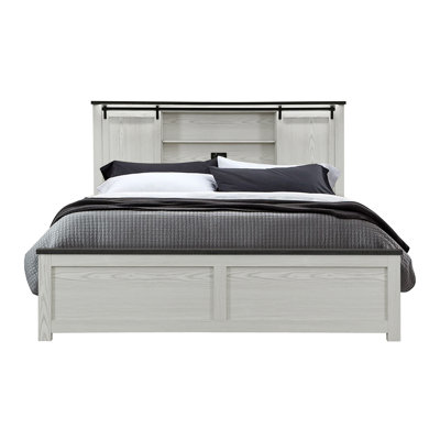 King Size Beige Bed Frame With Bookcase Headboard And Black Bar Detail, Low Profile, Rubberwood Construction For Bedroom, Transitional Style, Solid Wood+ Filler, 90.41 In Depth, 81.45 Width, 55.01