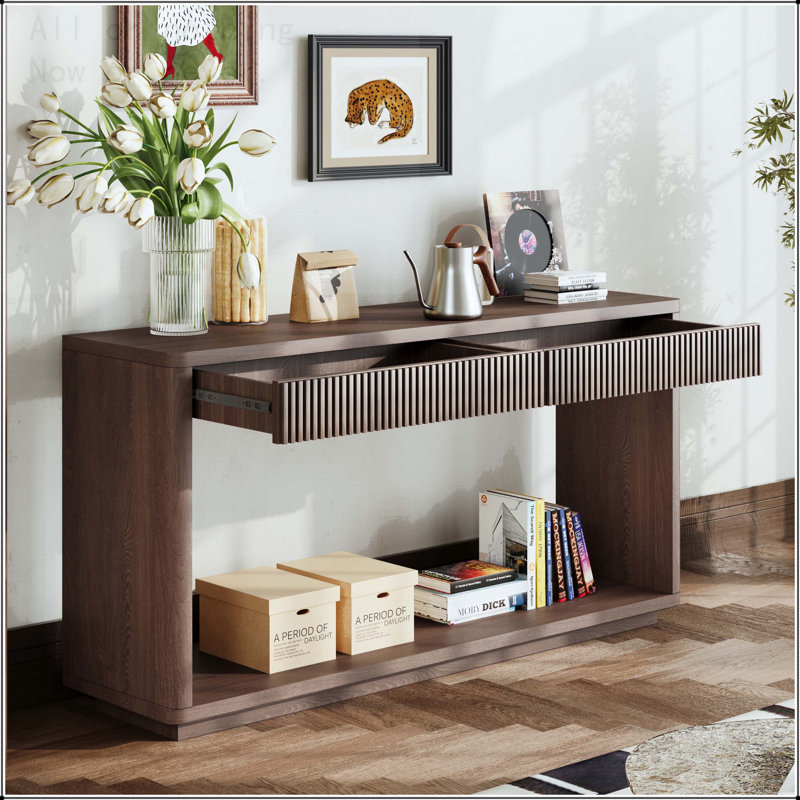 Console 60 po avec 2 tiroirs et placage de bois, Noir