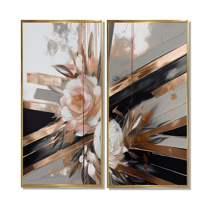Élégance florale linéaire en or rose III - art mural blanc 2 pièces, 32'' H x 32'' W, Impression encadrée flottante, Gold