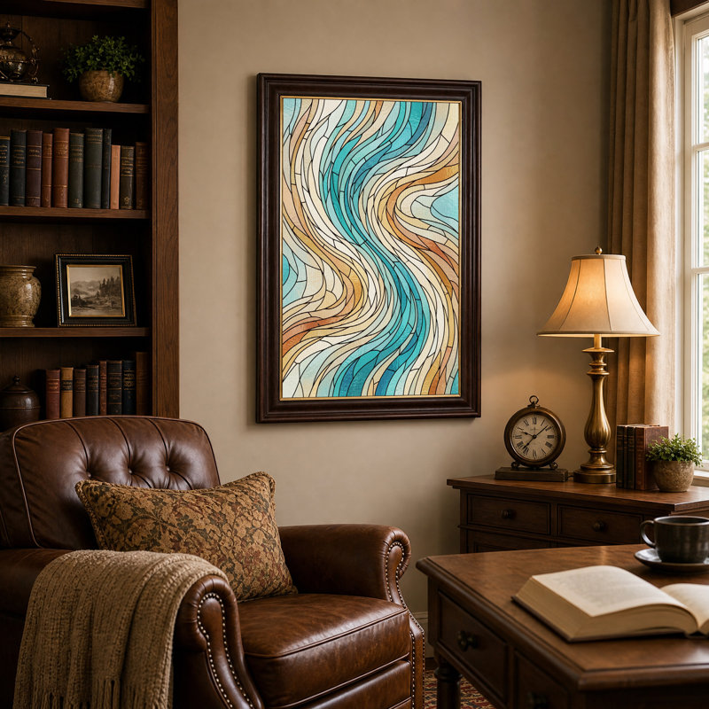Tableau sur toile « Vagues en vitrail turquoise et beige », 18"H x 12"W