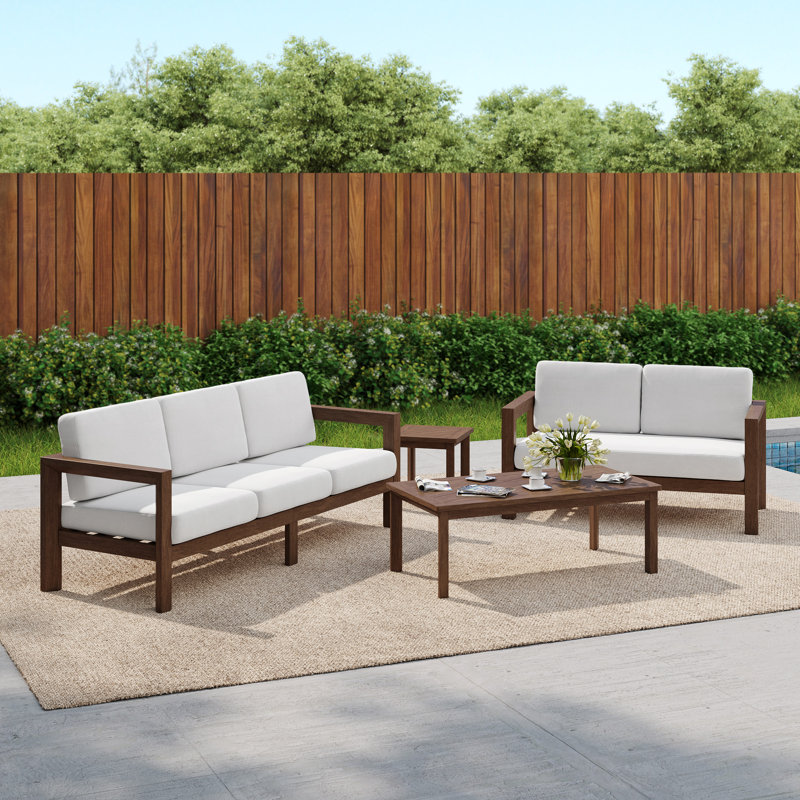 Ensemble de patio extérieur en bois massif pour cinq personnes avec coussins et deux tables, Beige