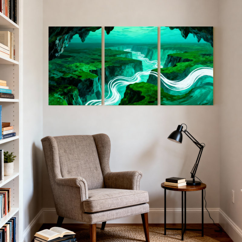 Ensemble de 3 impressions sur toile, "Paysage nautique et plage avec rivière qui coule et falaises", H 18 po x l 36 po