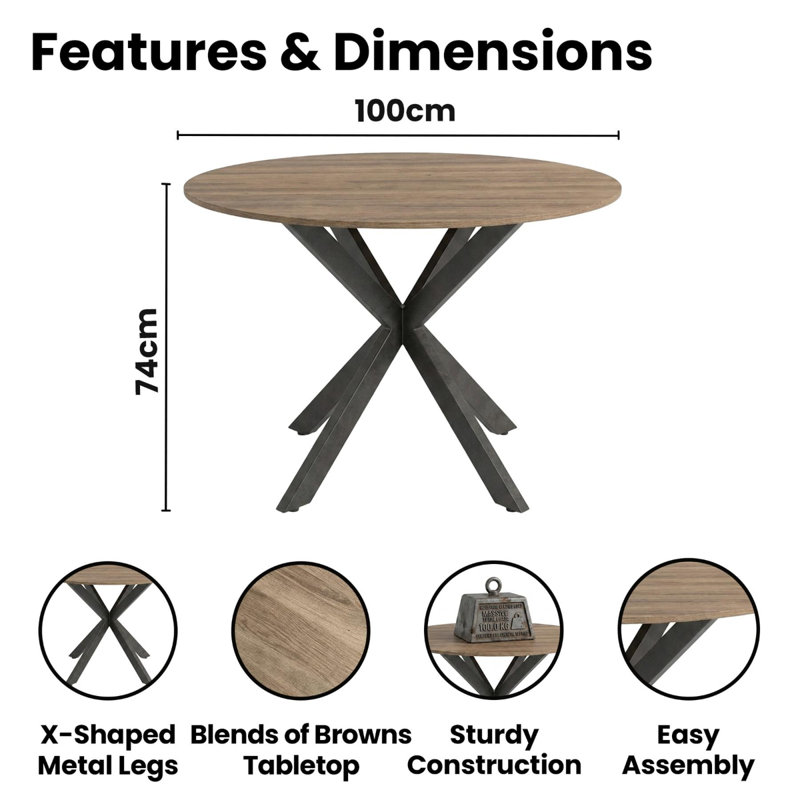 4 Seater Round Dining Table with Wood Effect Tabletop Black Metal X Shaped Legs & 4 Velvet Chairs for Kitchen Dining Room Furniture Set