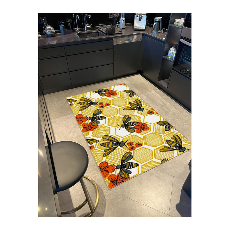Tapis jaune hexagonal lavable à la machine, Carré 4 pi 11 po