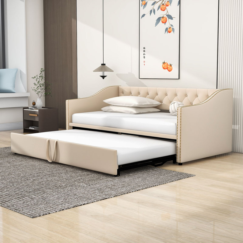 Twin Wood Upholstered daybed with Twin Trundle, Beige