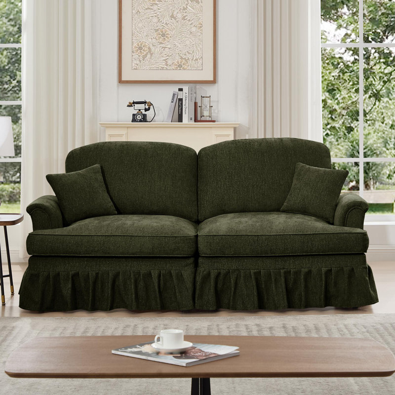 Canapé de salon en chenille avec accoudoirs évasés, jupe plissée à volants amovible et pieds fuselés, Vert
