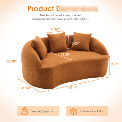 Chenille orange moderne incurvée 049s 2, version améliorée, 3 coussins standard, convient au salon, au bureau, à l’appartement, à l’espace pour invités de l 65 po x l 39,4 po, doux et en tissu, 30 en mousse compressée avec ressort