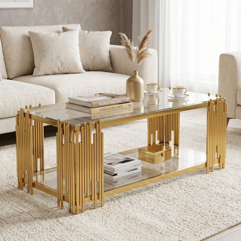 Table basse de salon rectangulaire à 2 niveaux en verre trempé L 51 po x l 27,5 po Vaili, Transparent