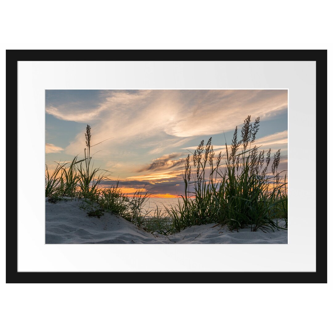 Gerahmtes Poster Gras am Strand bei Sonnenuntergang