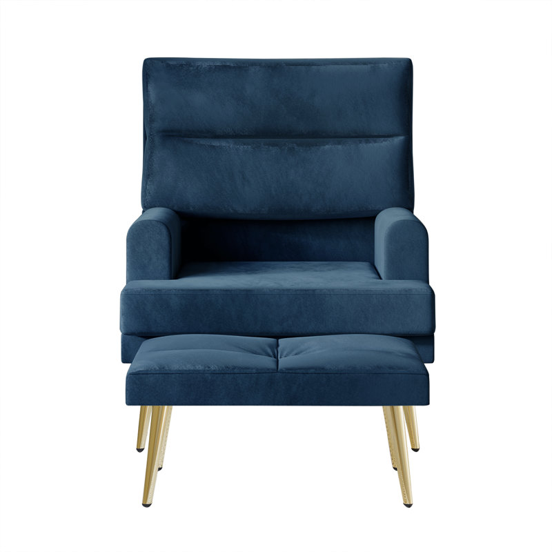 Laureat Upholstered Armchair and Ottoman, Navy Blue Velvet