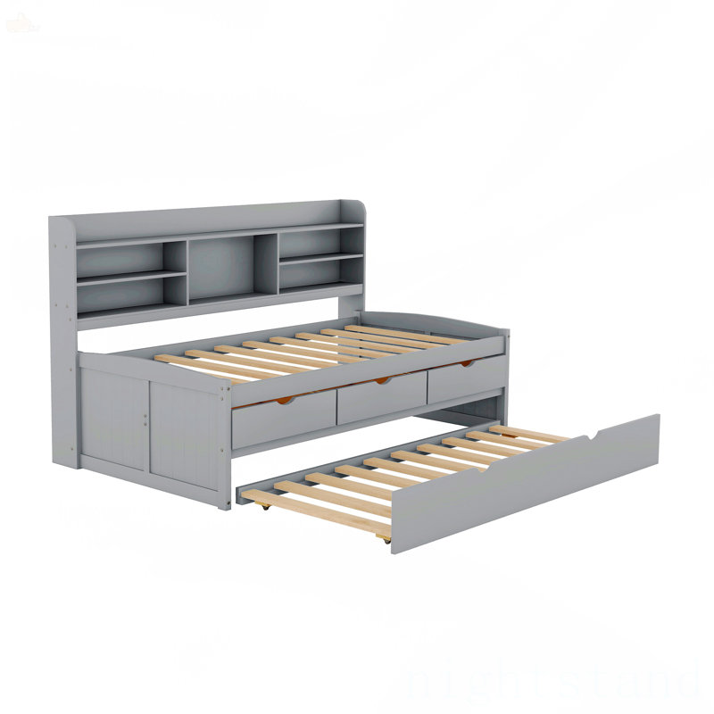 Twin Size Wooden Captain Bed With Built-In Bookshelves