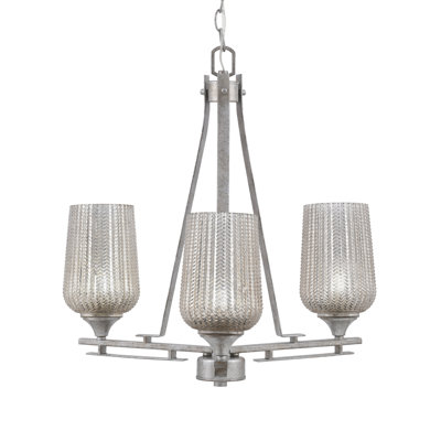 Uptowne 3 Light Uplight Chandelier Shown In Aged Silver Finish With 5" Silver Textured Glass