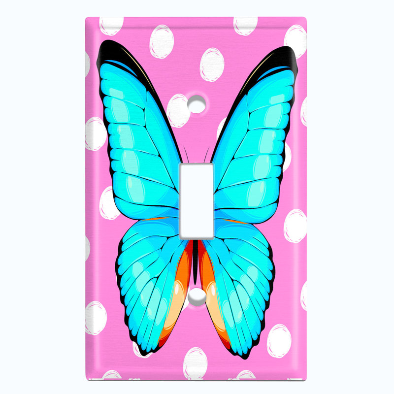 Metal Light Switch Plate Outlet Cover (Blue Butterfly Pink Polka Dots - Single Toggle)
