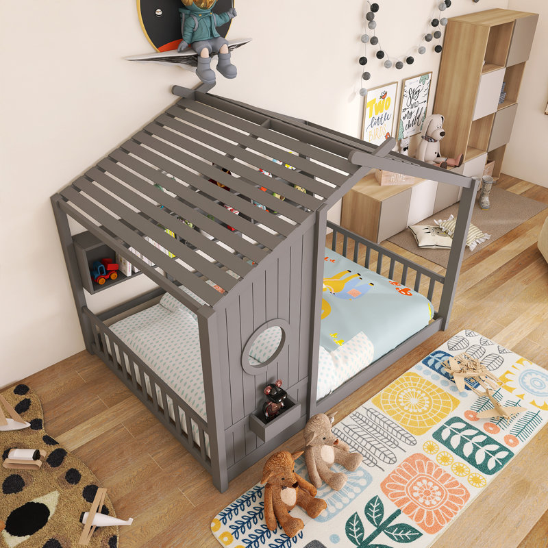 Lit maison sur pied en bois avec tablette de rangement, Gris, Lit double