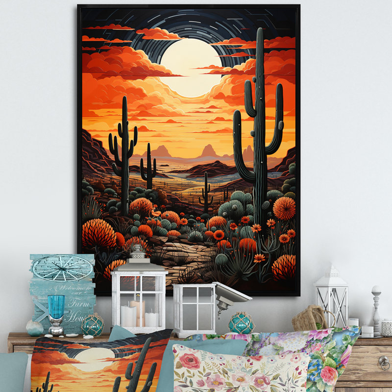Ballyclare, orange, jaune, cactus, désert, coucher de soleil, Saguaro - Cactus, art mural encadré, H 32 po x l 24 po x P 1 po