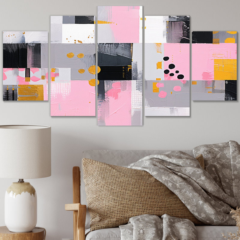 Gris, rose, symétrique, abstrait, cubisme, art mural, salon, 5 panneaux