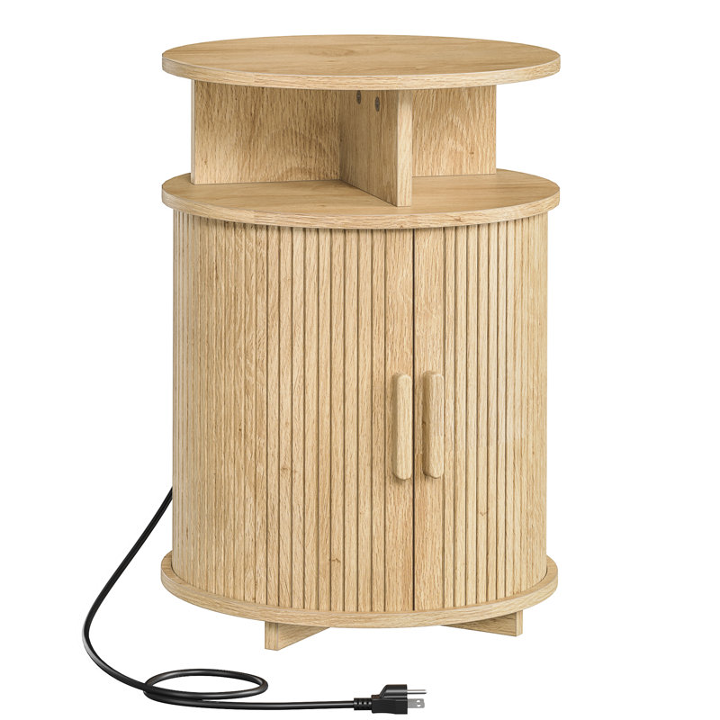 15.7" Round Fluted End Tables with Charging Station and Sliding Tambour Door, Natural