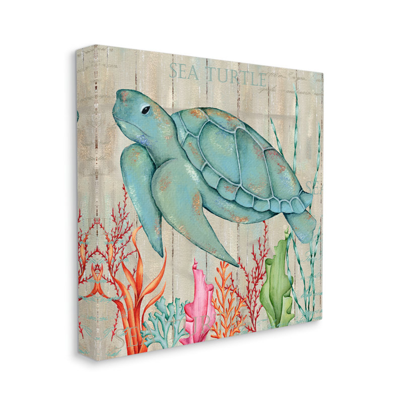 Rustic Sea Turtle Canvas Wall Art with Coral Design, 17 x 17