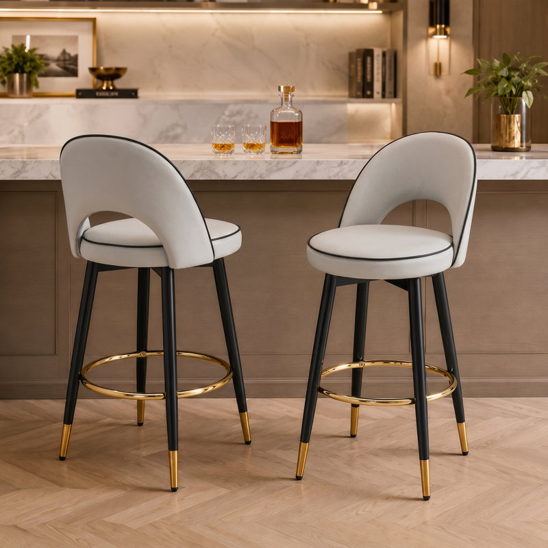 Tabouret de comptoir pivotant rembourré de 25 po avec dossier bas et repose-pieds en métal AriaHome, 2, Gris