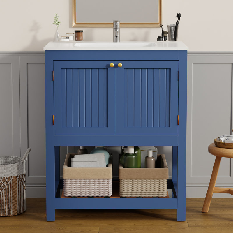 Armoire de meuble-lavabo autoportante 30 po avec 2 portes à fermeture douce et tablette ouverte, bleu, Bleu, 30"