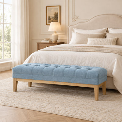 Banc de lit capitonné en chenille de 160 cm de large, repose-pieds ottoman avec pieds en bois d'hévéa finition naturelle, siège rembourré pour chambre, entrée ou salon