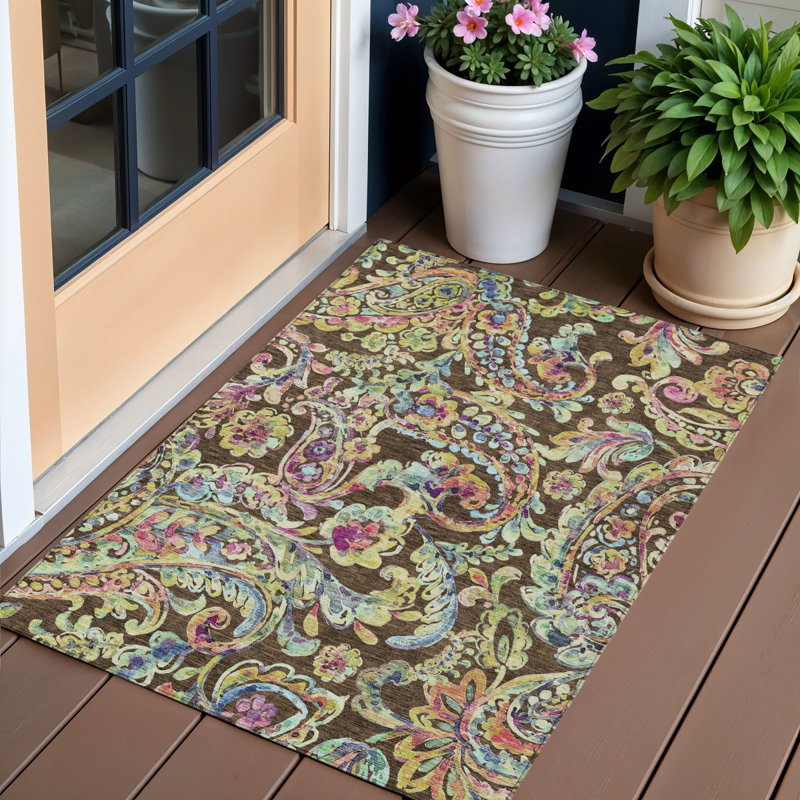 Tapis intérieur / extérieur 3 pi x 5 pi vert à motif cachemire lavable